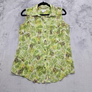 Liz Claiborne Top Womens M Green Tropical Palm Leaves Chiffon Sleeveless Button